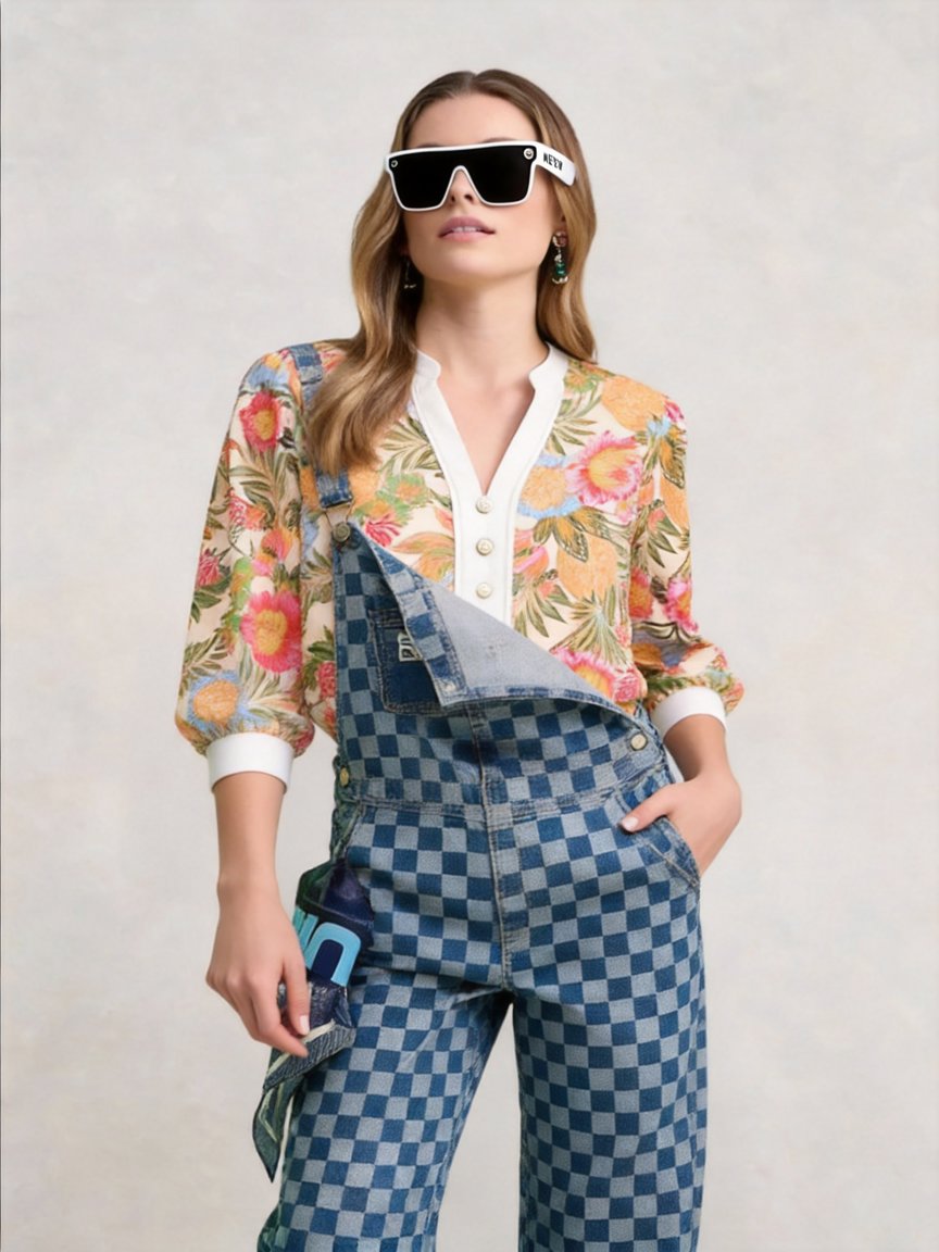 overalls + tropical shirt = summer chaos