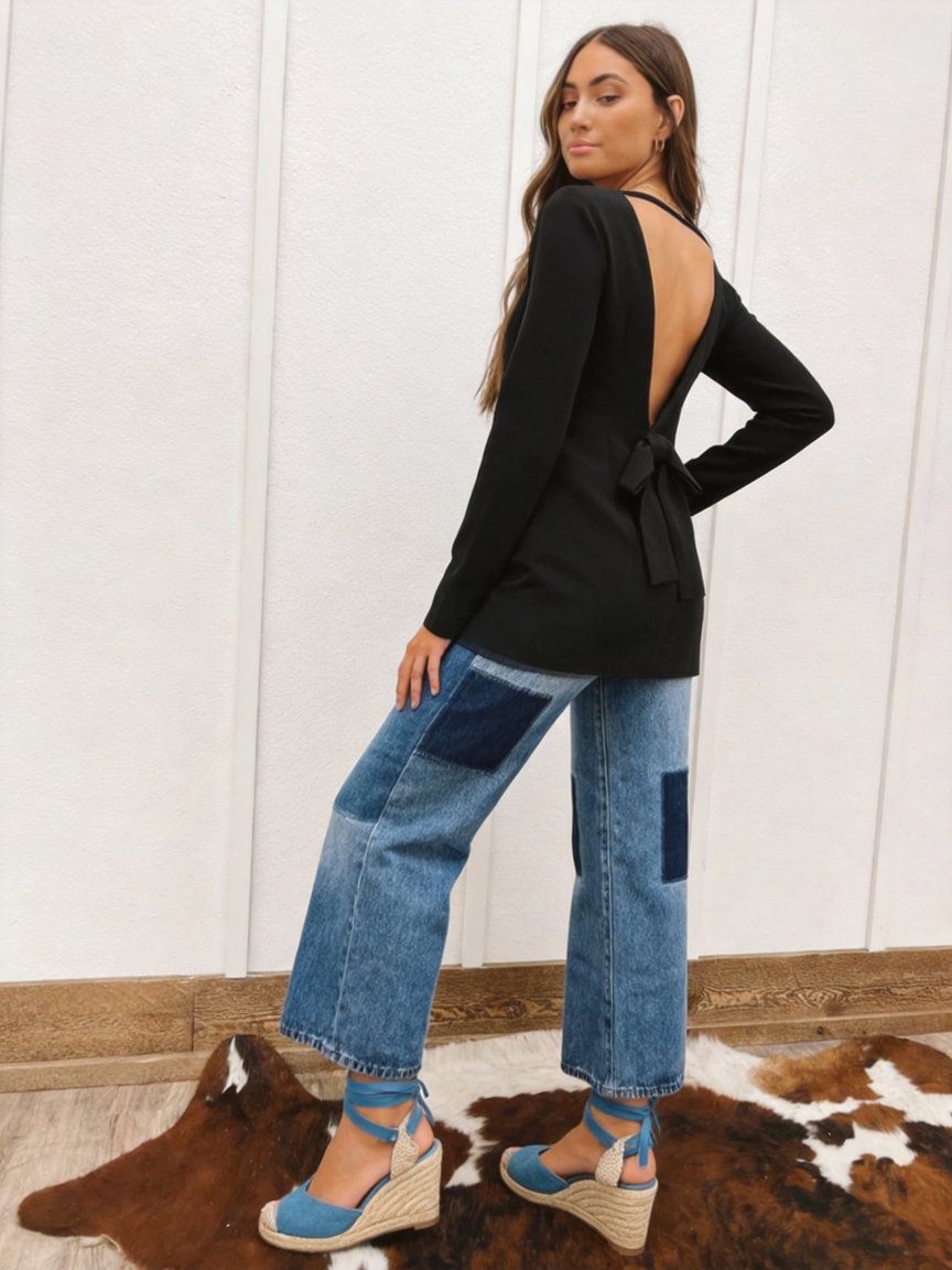 back-tie top + patchwork jeans = weekend win