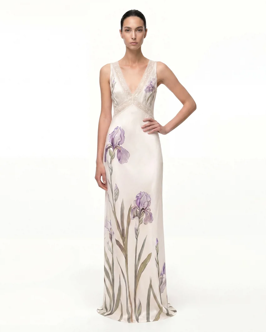 Lace-Detailed Floral Print Maxi Dress - Ivory Purple