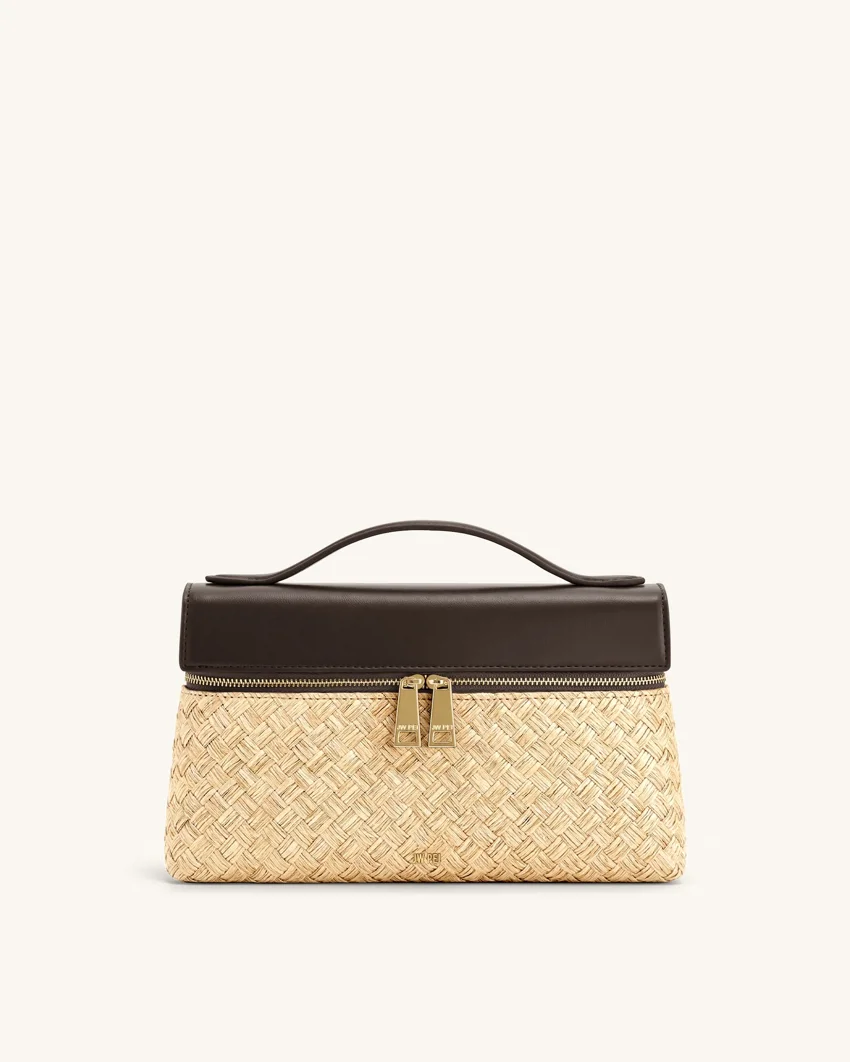 Thea Faux Straw Top Handle Bag - Brown