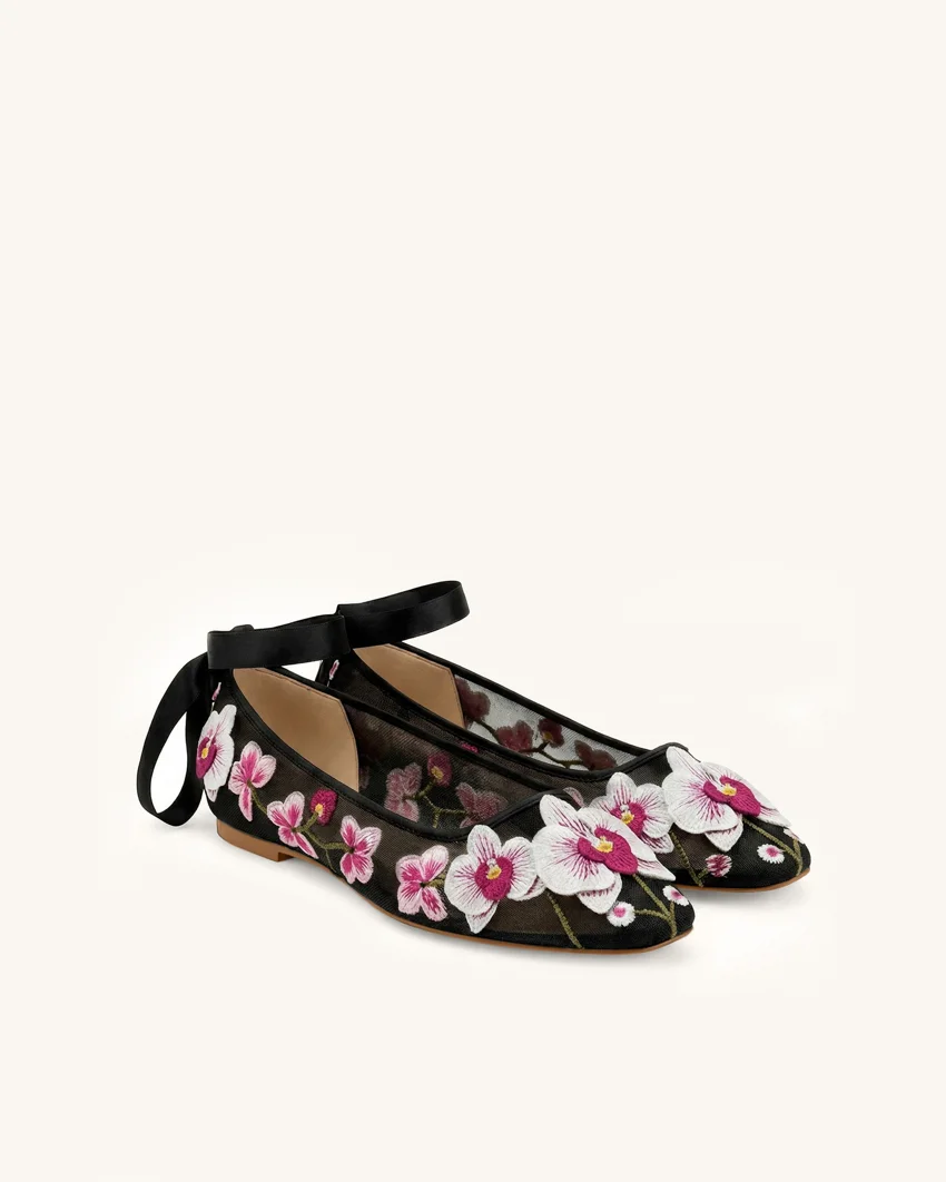 Emily Floral Ballerina Flats - Black