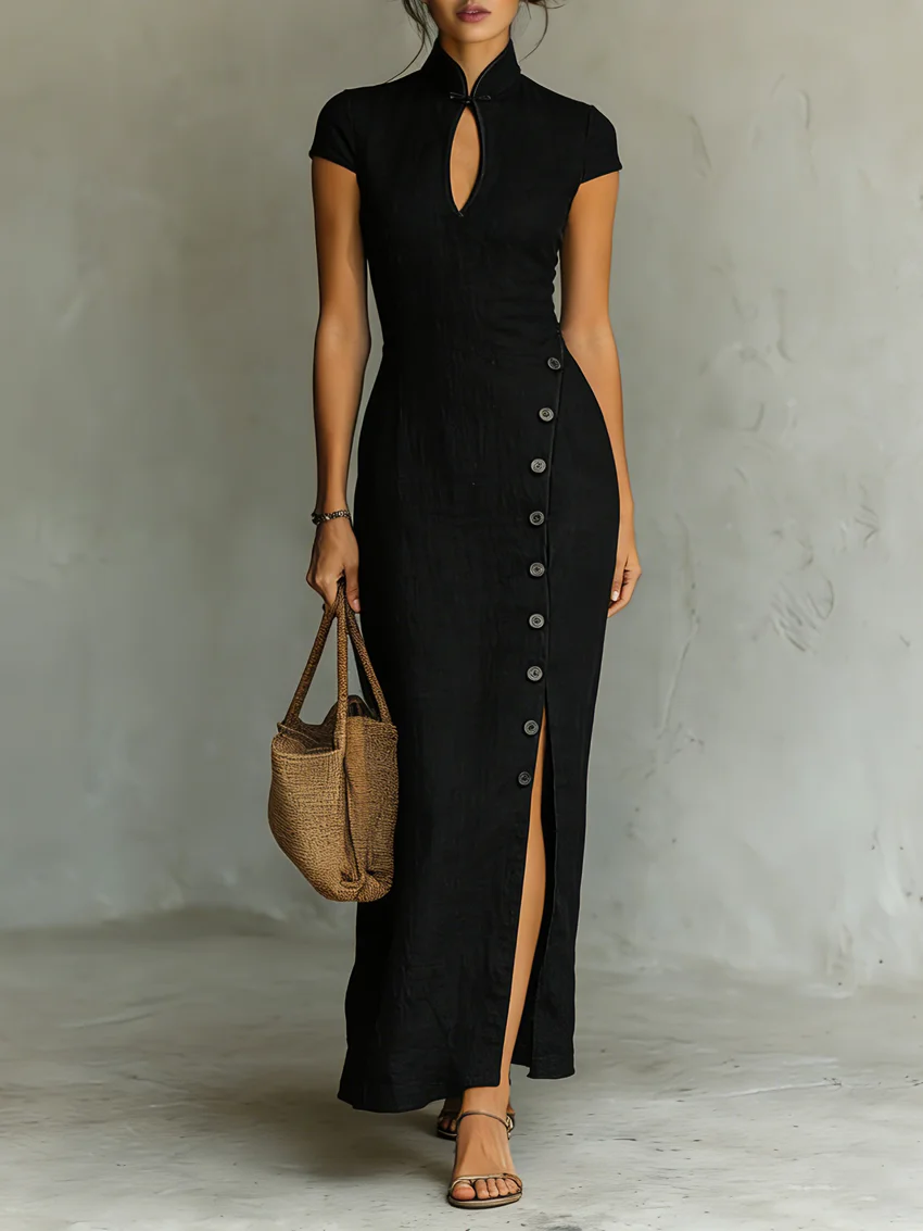Women's Minimalist Cheongsam Collar Cap Sleeves Side Slit Maxi Dress MDZ0569C3Y - image - 1