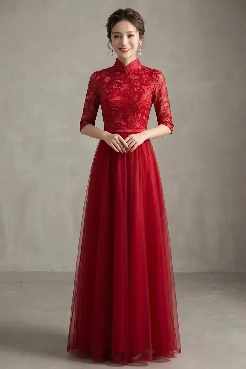 Custom Made Modernised Red Yellow Lace Tulle Cheongsam Qipao Dress - image - 1
