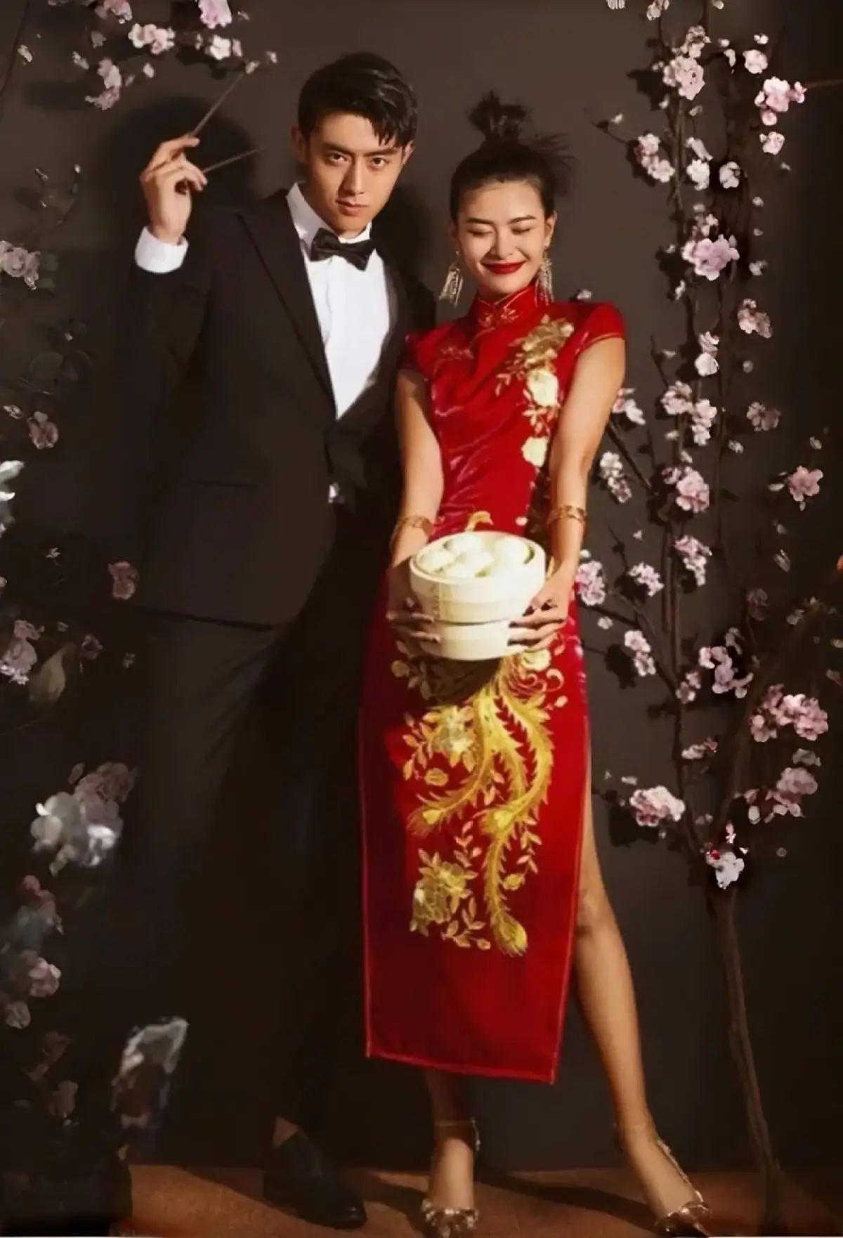 Modernised Red Bridal Cheongsam Qipao with Phoenix and Flower Embroidery - image - 1