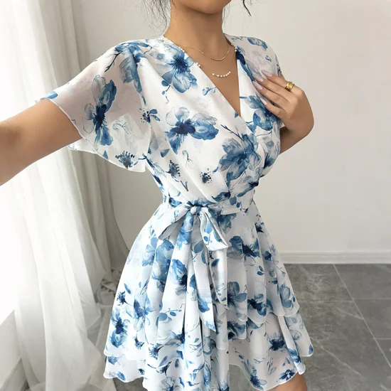Women's Floral Print Short Sleeve Dress, Spring Summer - image - 1