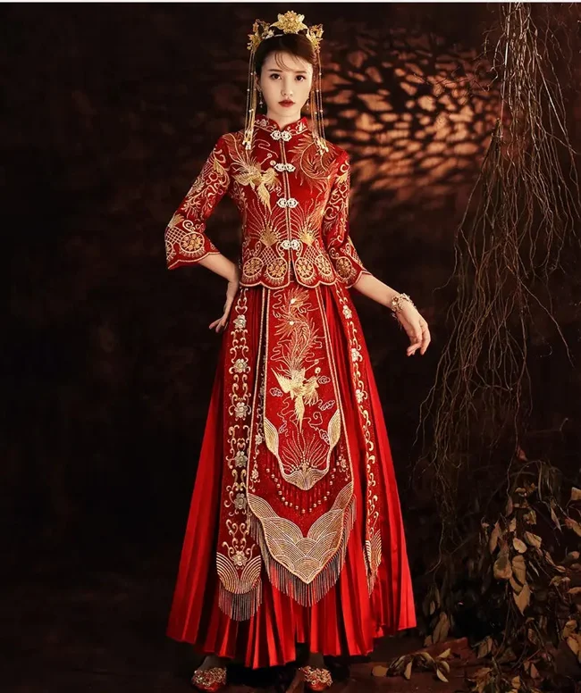 Traditional Chinese Wedding Dress - Red & Gold  Phoenix Qun Kwa Gown |Prosperity - image - 1