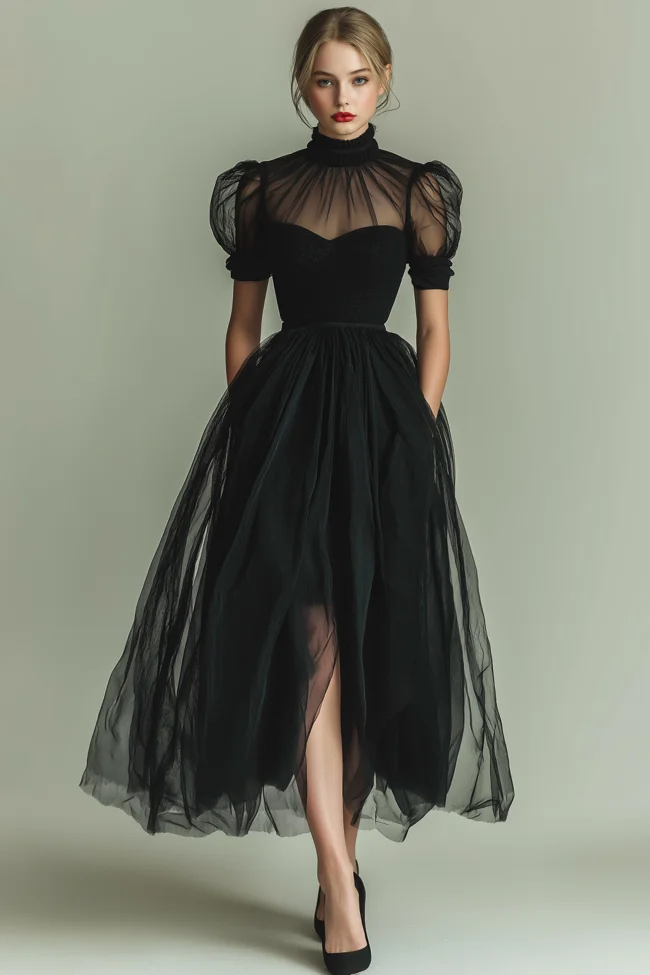 Black High Neck A Line Long Evening Party Dress with Pockets