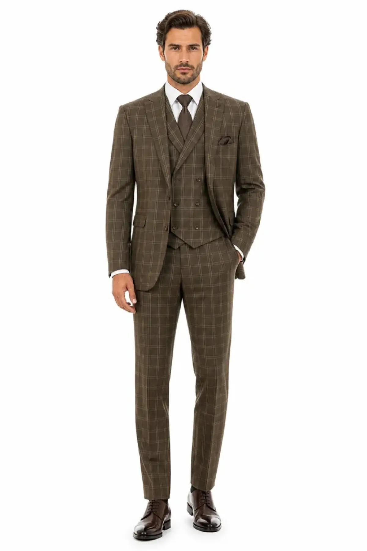 Mens Brown Windowpane Plaid Suit 2-Button Jacket with Double-Breasted Vest - image - 1