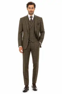 Mens Brown Windowpane Plaid Suit 2-Button Jacket with Double-Breasted Vest - image - 1