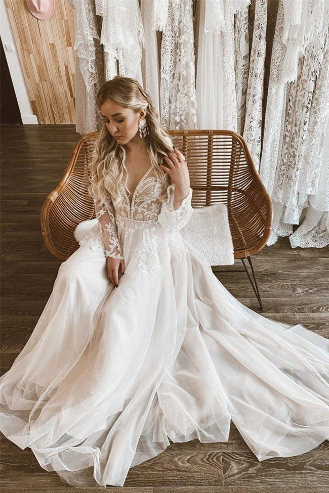 Two-Pieces Lace Top Flare Sleeves Open Back Wedding Dress - image - 1