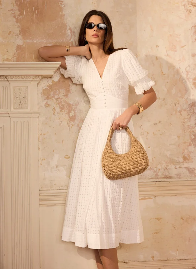 White Checked Midi Dress