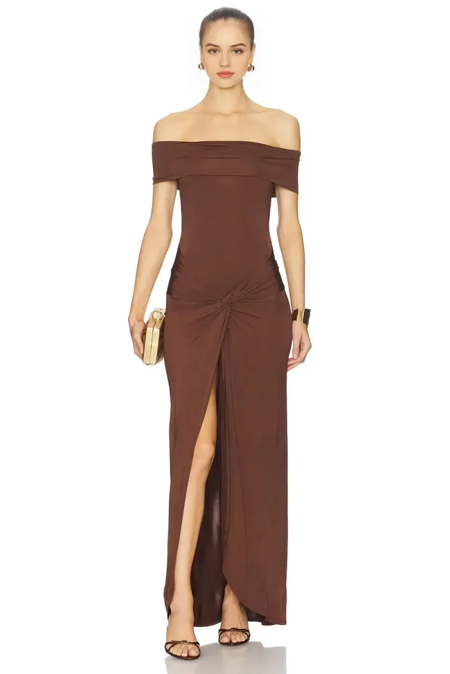 Glamorous Sheath Off Shoulder Sleeveless Knot Accent High Slit Floor Length Evening Dress