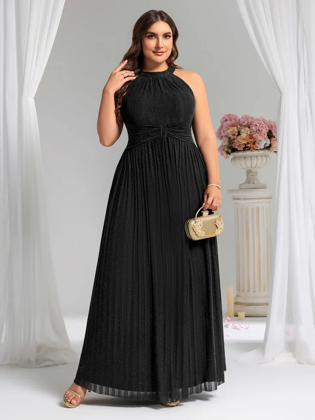 Plus Size Glittery Halter Neck Pleated Formal Evening Dress - image - 1