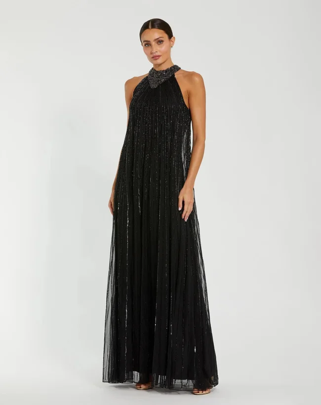 Black Sleeveless Halter Neck Embellished Trapeze Gown - image - 1