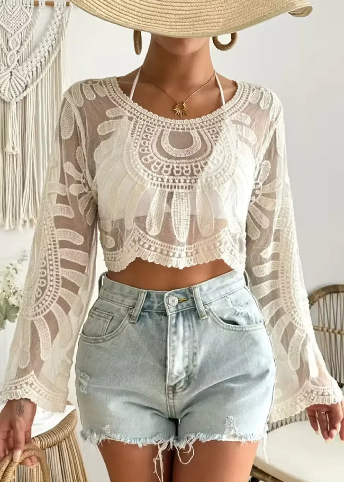 Women's Floral Embroidery Sheer Beach Cover-Up - image - 1