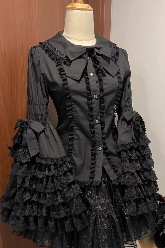 Lapel Collar Long Hime Sleeves Ruffle Bowknot Lace Sweet Lolita Blouse