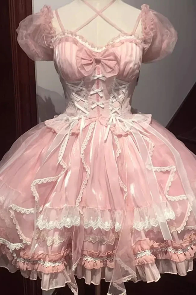 Glaze Fantasy Short Sleeves Ruffle Embroidery Bowknot Sweet Lolita Op Dress - image - 1
