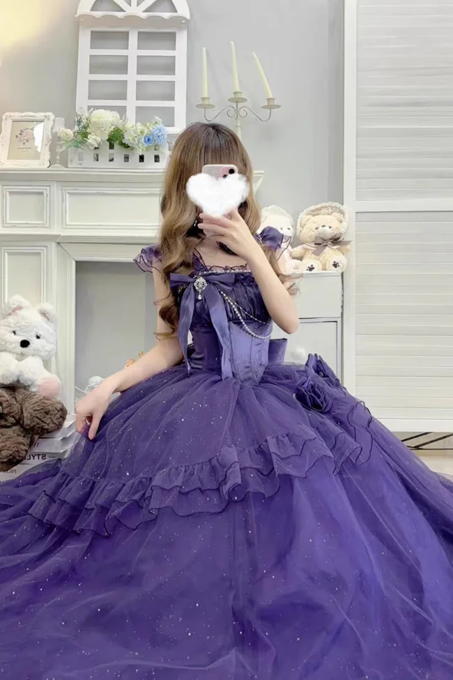 Purple [Bright Stars] Off Shoulder Ruffle Bowknot Asymmetric Sweet Elegant Princess Lolita Dress - image - 1