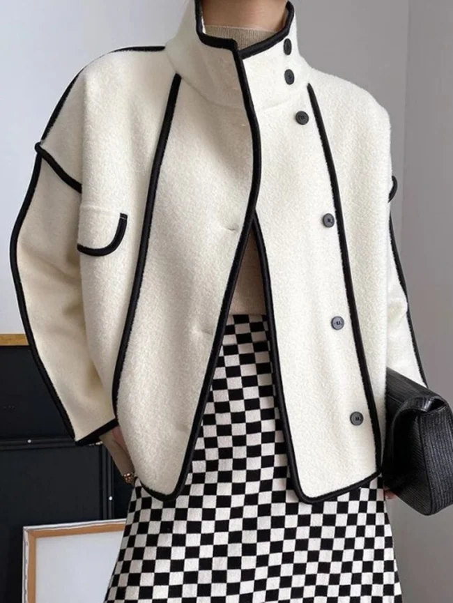 Long Sleeves Loose Buttoned Contrast Color Stand Collar Jackets Outerwear - image - 1