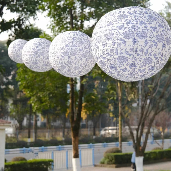 Set of 8 White Blue Hanging Chinese Lanterns in French Toile Floral Pattern, Festival Paper Lanterns - 6",8",10",14" - image - 1