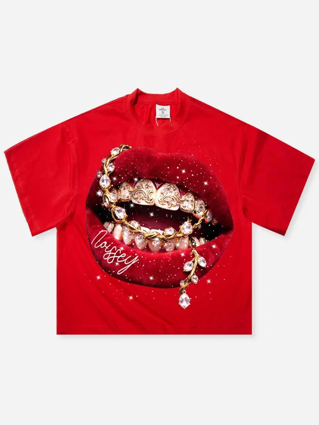 Y2K Bling Red Lips & Gold Chain Boxy Oversized Rhinestone Art Graphic Streetwear T-Shirt - image - 1