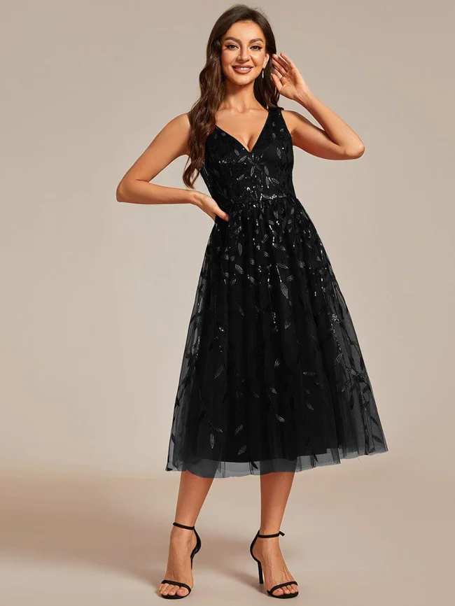 ever ROUX|V-Neck Leaf Sequined Sleeveless A-Line Midi Wedding Guest Dress - image - 1