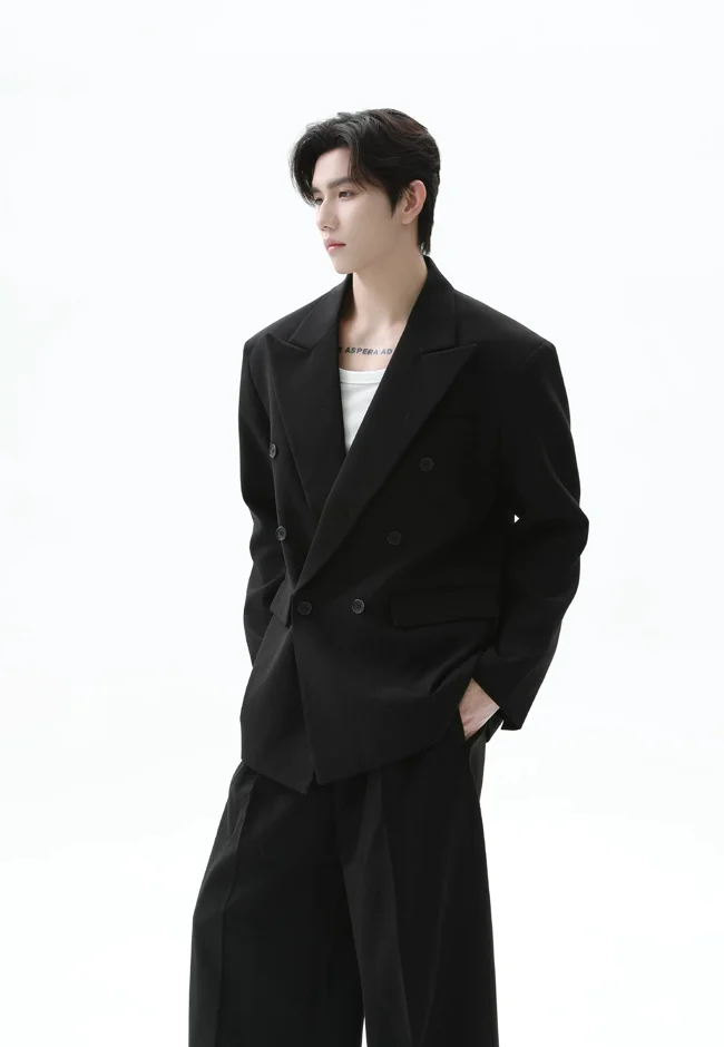 Double-Breasted Peak Lapel Textured Suit Jacket and Wide Leg Trousers Two-Piece Set - image - 1