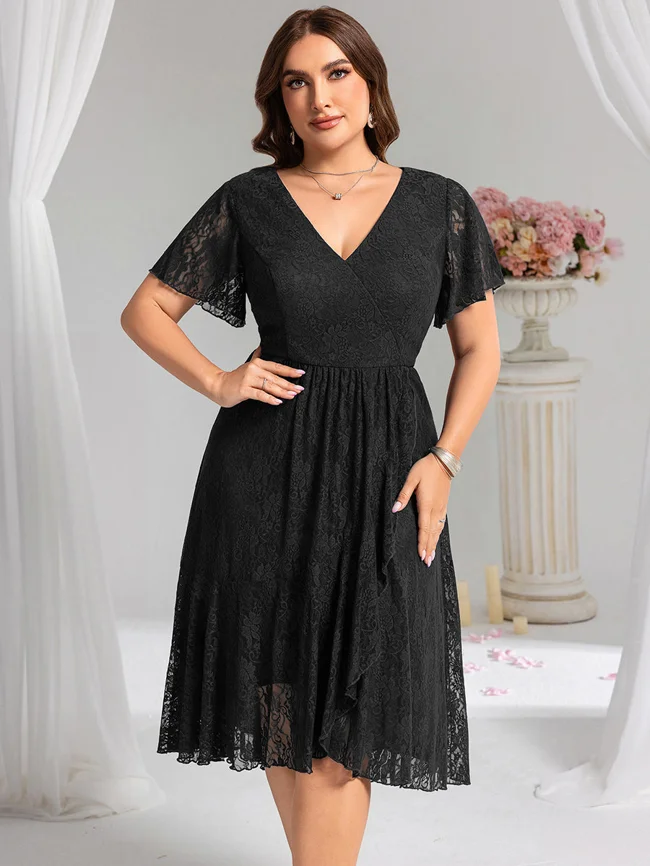 pretty PALOMA|Plus Size Short Sleeves V-Neck A-Line Lace Midi Wedding Guest Dress - image - 1