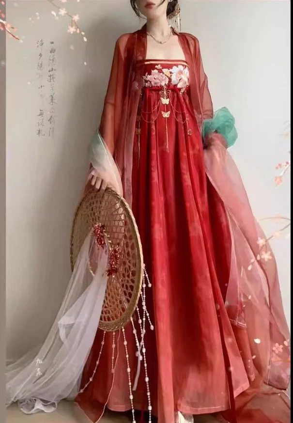 Red Floral Chinese Tang Dynasty HanFu Dress - image - 1