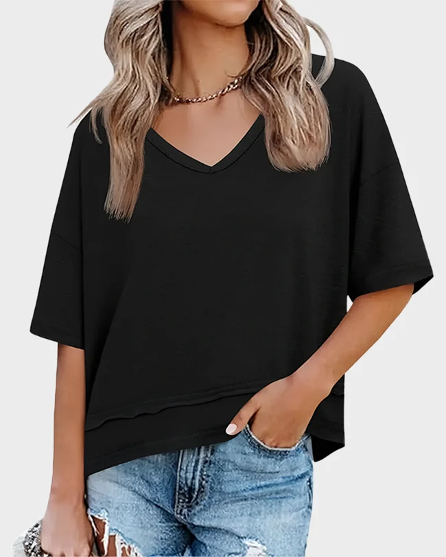 Women's Summer V Neck Short Sleeve Flowy Loose Fit Basic Tee Cute Casual Top