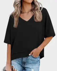 Women's Summer V Neck Short Sleeve Flowy Loose Fit Basic Tee Cute Casual Top - image - 1