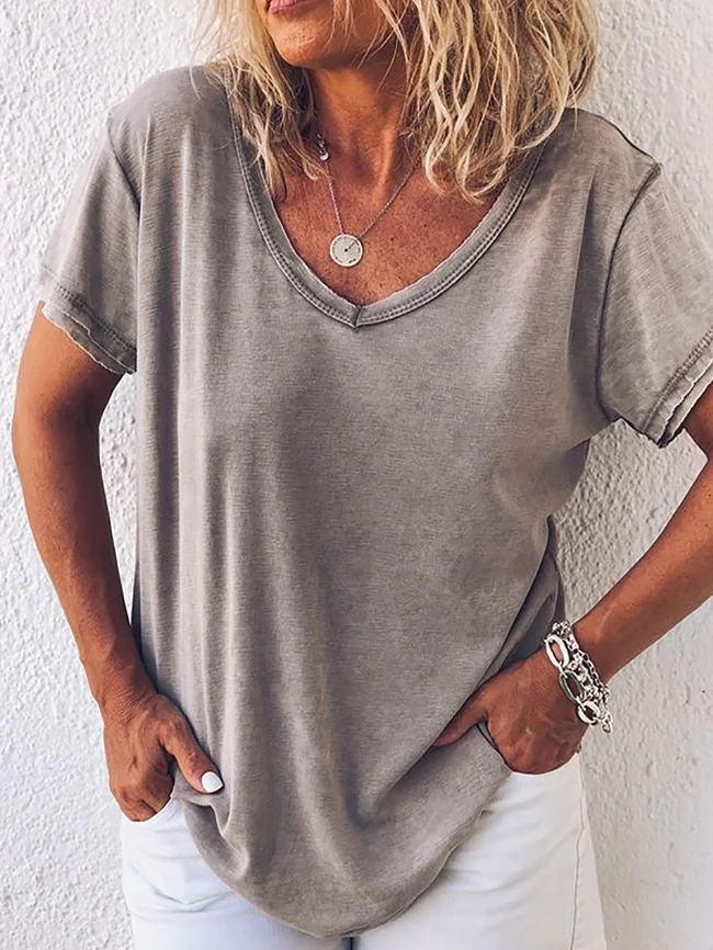 Women's Casual V-Neck Short Sleeve Summer Loose T-Shirt - image - 1