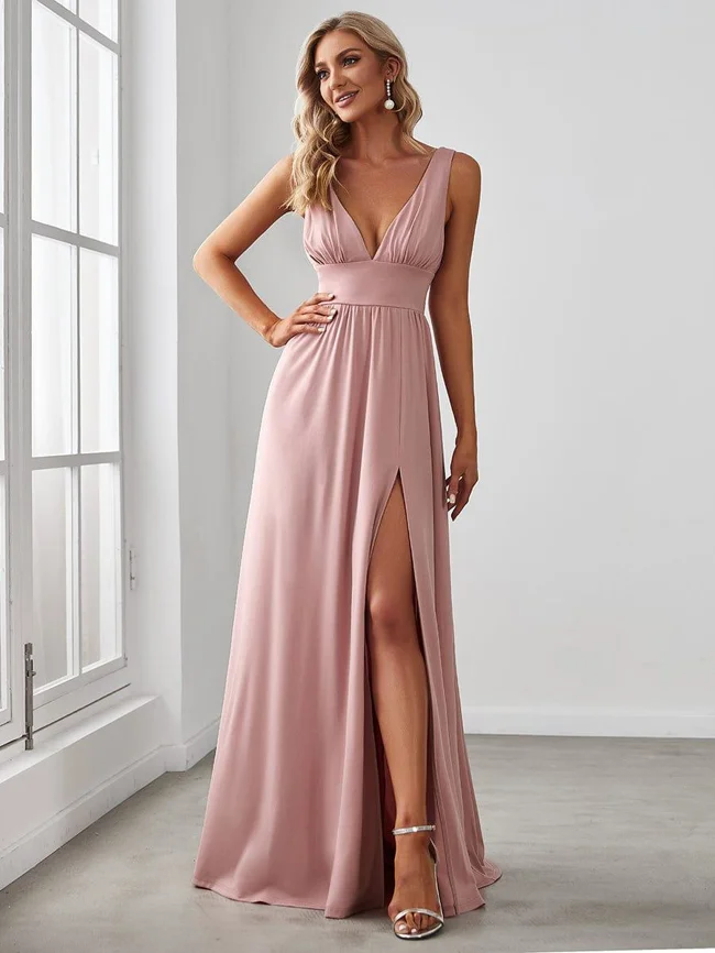 ever SORAYA|V-Neck High Slit Empire Waist Floor-Length Evening Dress