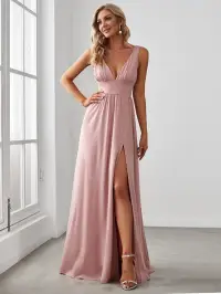 ever SORAYA|V-Neck High Slit Empire Waist Floor-Length Evening Dress - image - 1