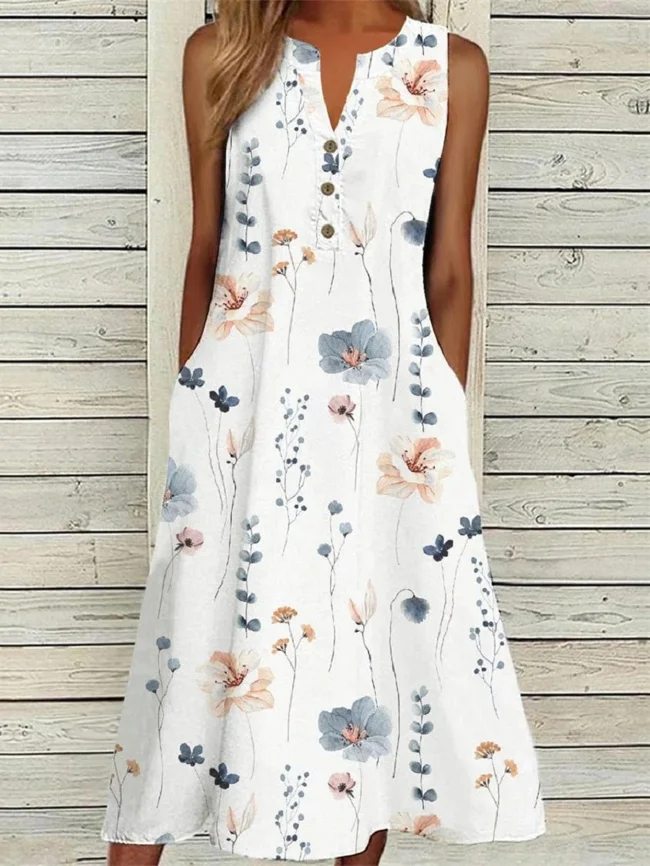 Women's Sleeveless Floral Button-Front Casual A-Line Midi Dress