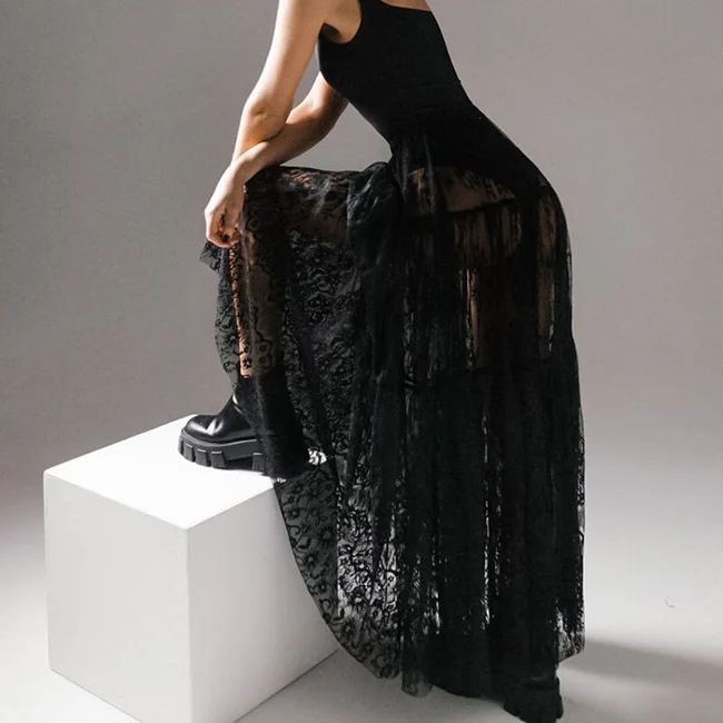 Floral Pattern High Waist Flare Maxi Lace Skirt