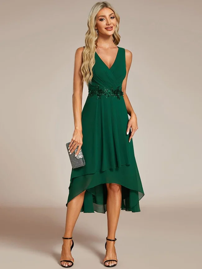Sleeveless V-Neck High Low Wedding Guest Dress with Floral Applique - image - 1
