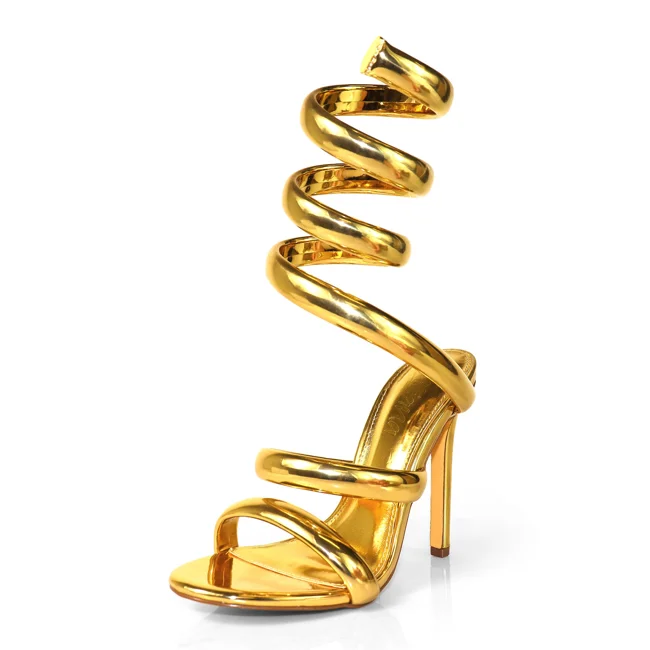 Women's Metallic Open Toe Wrap Around Heels, Strappy High Heel - image - 1