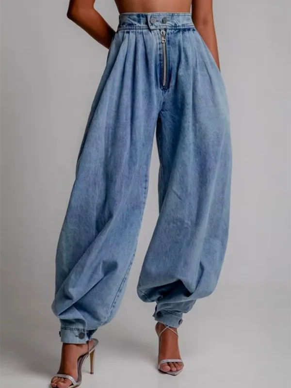 Loose Buttoned Solid Color Zipper Jean Pants Bottoms Knickerbockers Trousers