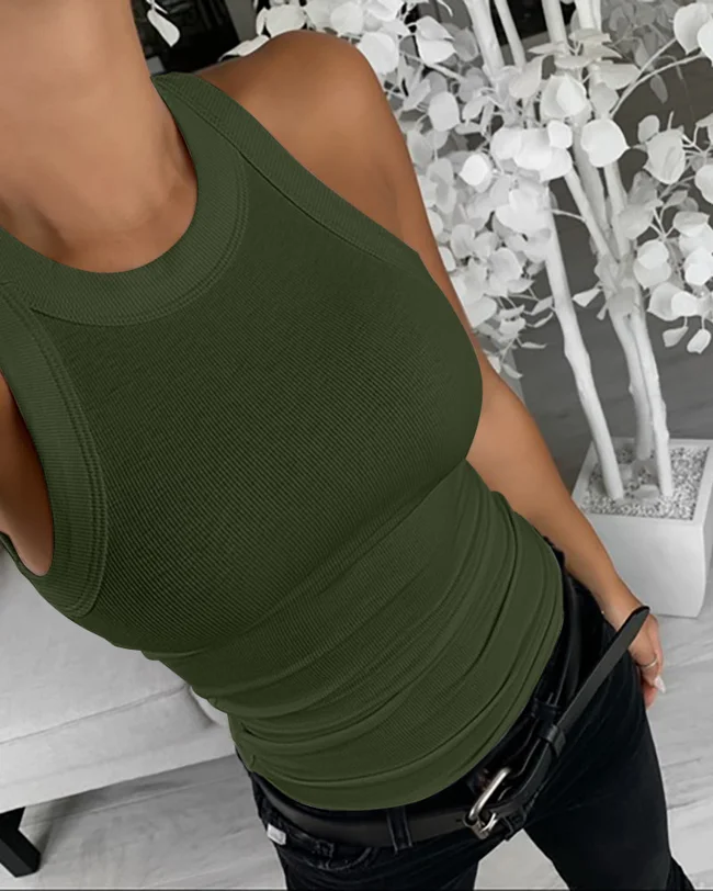 O-Neck Sleeveless Basic Slim Fit Skinny Tank Casual Top(Without Pads) - image - 1