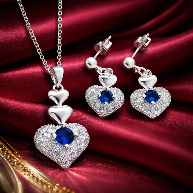 Hot Noble Blue Crystal Heart 925 Sterling Silver Pendant Necklace Earring Jewelry Sets for Woman - image - 1