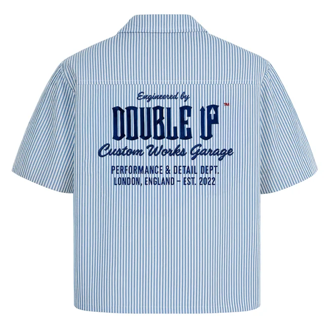 Double Up Short Sleeve Cropped Graphic Workwear Mechanic Blue White Button-Up Shirt - image - 1