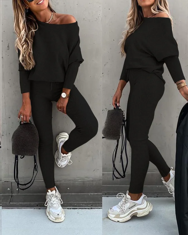 2 Pieces Outfit Skew Neck Long Sleeve Loose Pullover Top and Drawstring High Waist Slim Fit Pants Set - image - 1