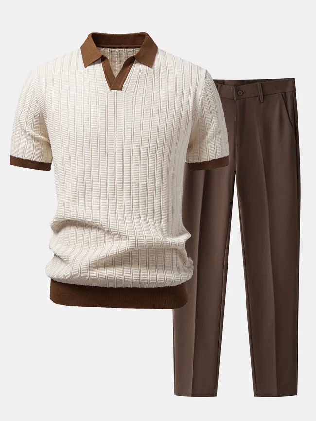 Contrast Textured Johnny Collar Polo & Slim Fit Tapered Trousers - image - 1