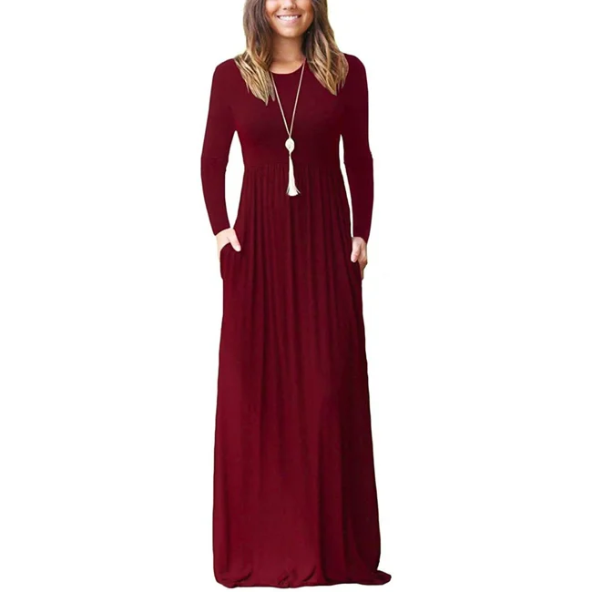 Women Long Sleeve Loose Plain Maxi Dresses Casual Long Dresses with Pockets - image - 1