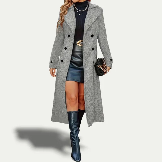 Double-Breasted Longline Coat with Tailored Fit and Structured Shoulders for Women - image - 1