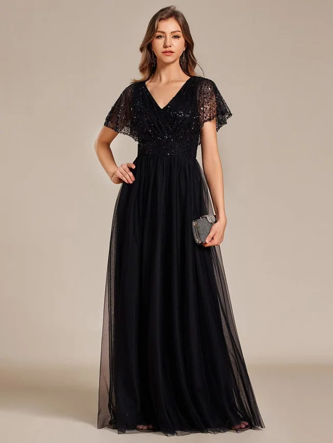 ever NAVEYA|A-Line Short Sleeve Tulle Evening Dress with Sequin Embellishments