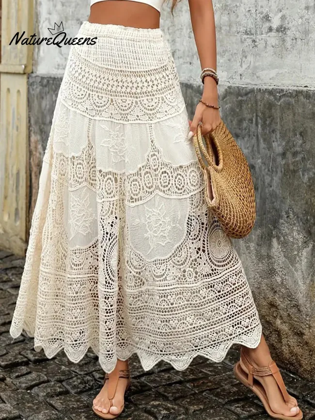 Women's Vintage Hollow Knitted Flared Cotton Skirt - image - 1