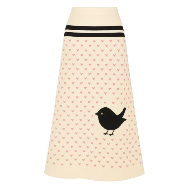 Women white apricot retro heart pattern bird jacquard skirt - image - 1
