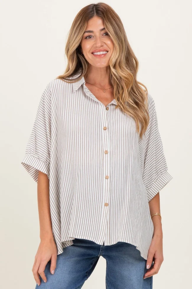Taupe Striped Boxy Button Down Maternity Top - image - 1